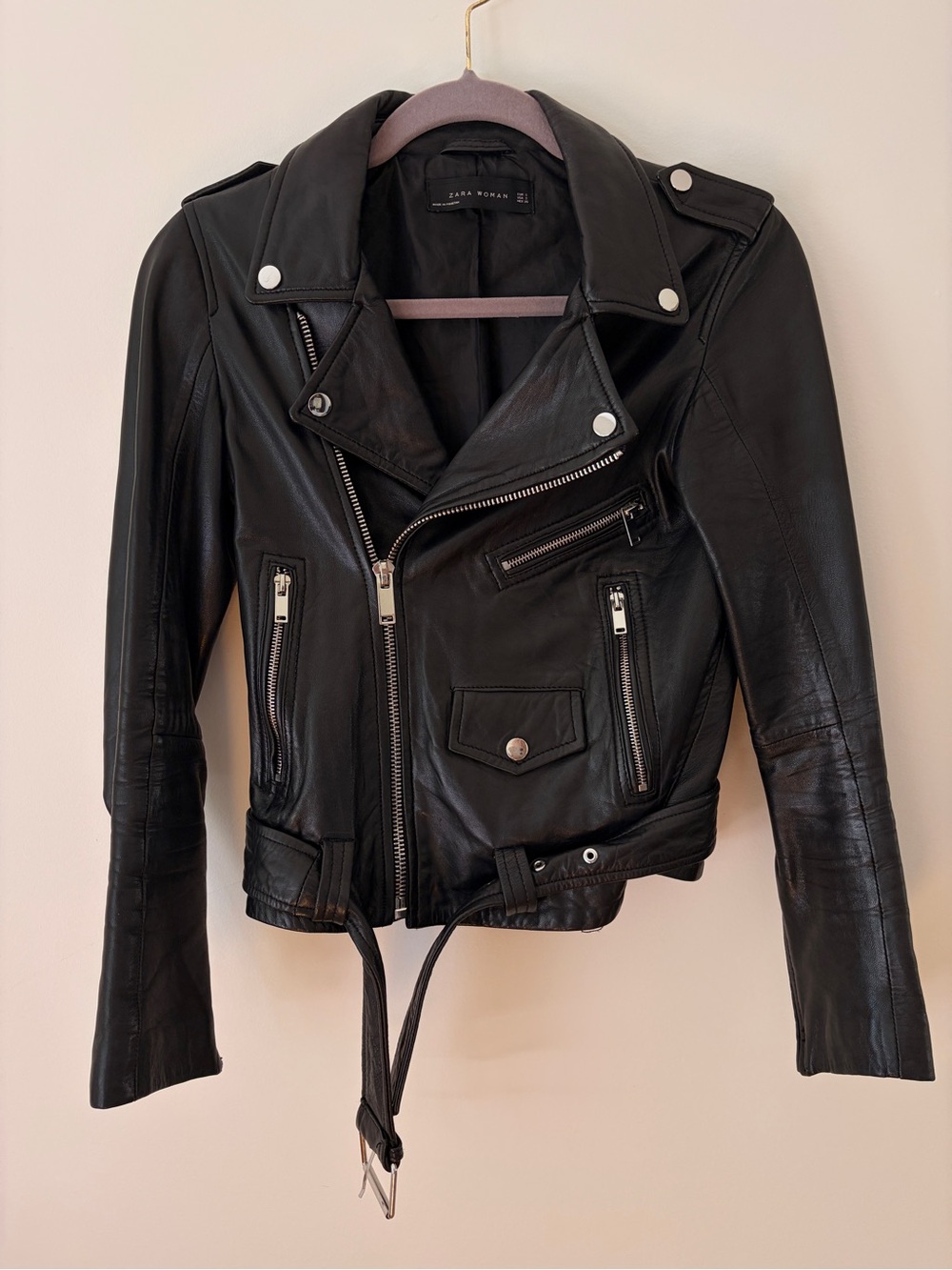 Zara Black Leather Moto Jacket with Silver Hardware